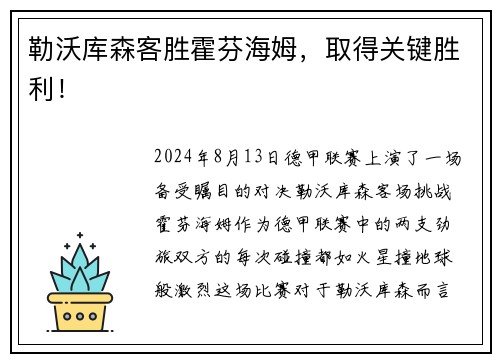勒沃库森客胜霍芬海姆，取得关键胜利！