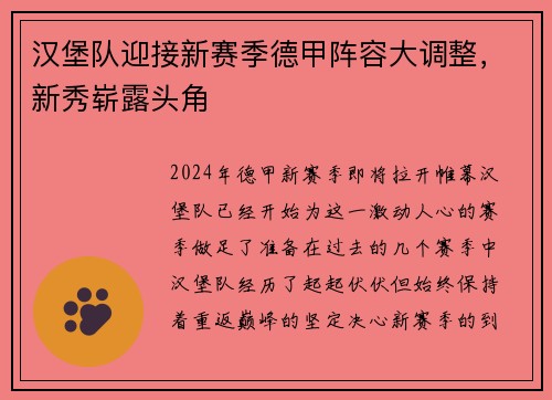 汉堡队迎接新赛季德甲阵容大调整，新秀崭露头角