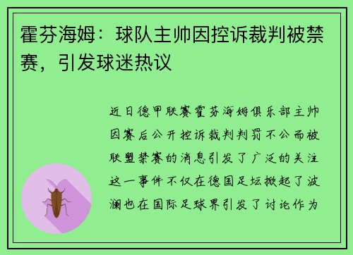 霍芬海姆：球队主帅因控诉裁判被禁赛，引发球迷热议